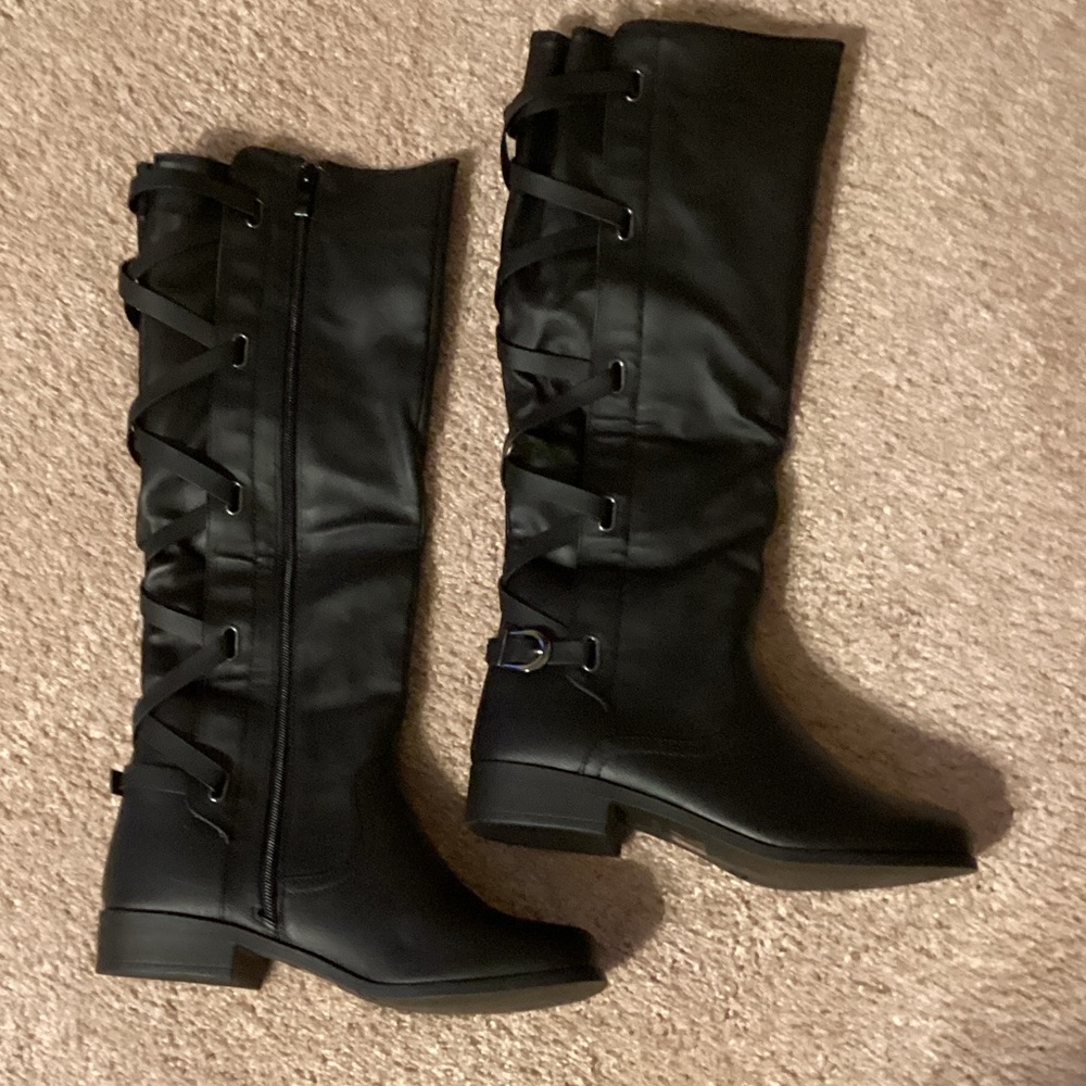 Glaze Black Over the Knee Boots with Lace-Up Detail